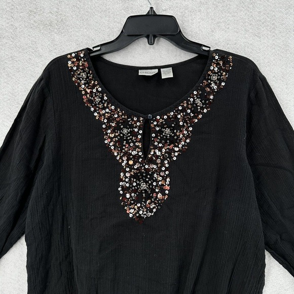 Chicos Top 3 (XL) Pullover Gauzy Sheer Black Elastic Waist Sequins Beaded Blouse - Picture 5 of 16